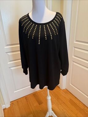 Robert Louis Black Long-Sleeve Scoop Neck Top with Gold Studs